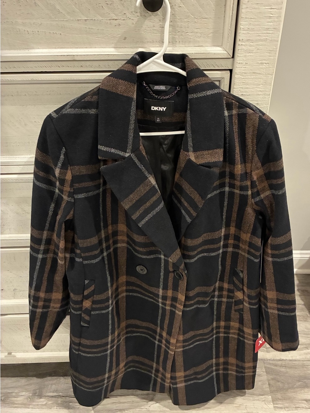 DKNY Black and Brown Plaid Double-Breasted Pea Coat